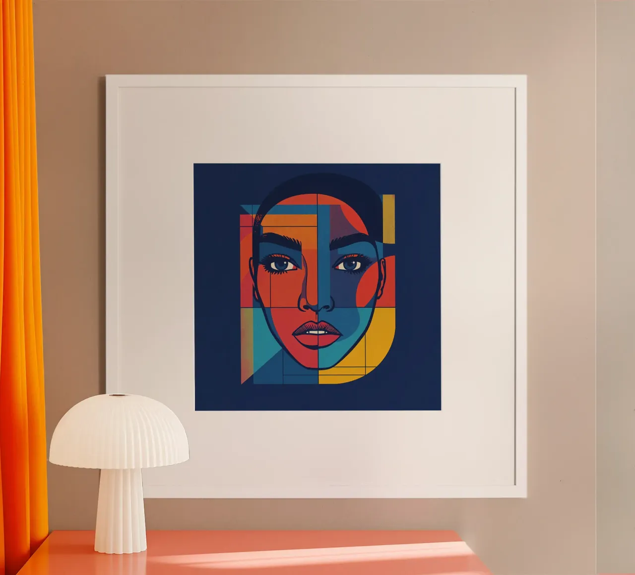 Abstraktes geometrisches Porträt einer Frau, blauer Hintergrund Poster mit Aluminium Rahmen von DesignDoodle