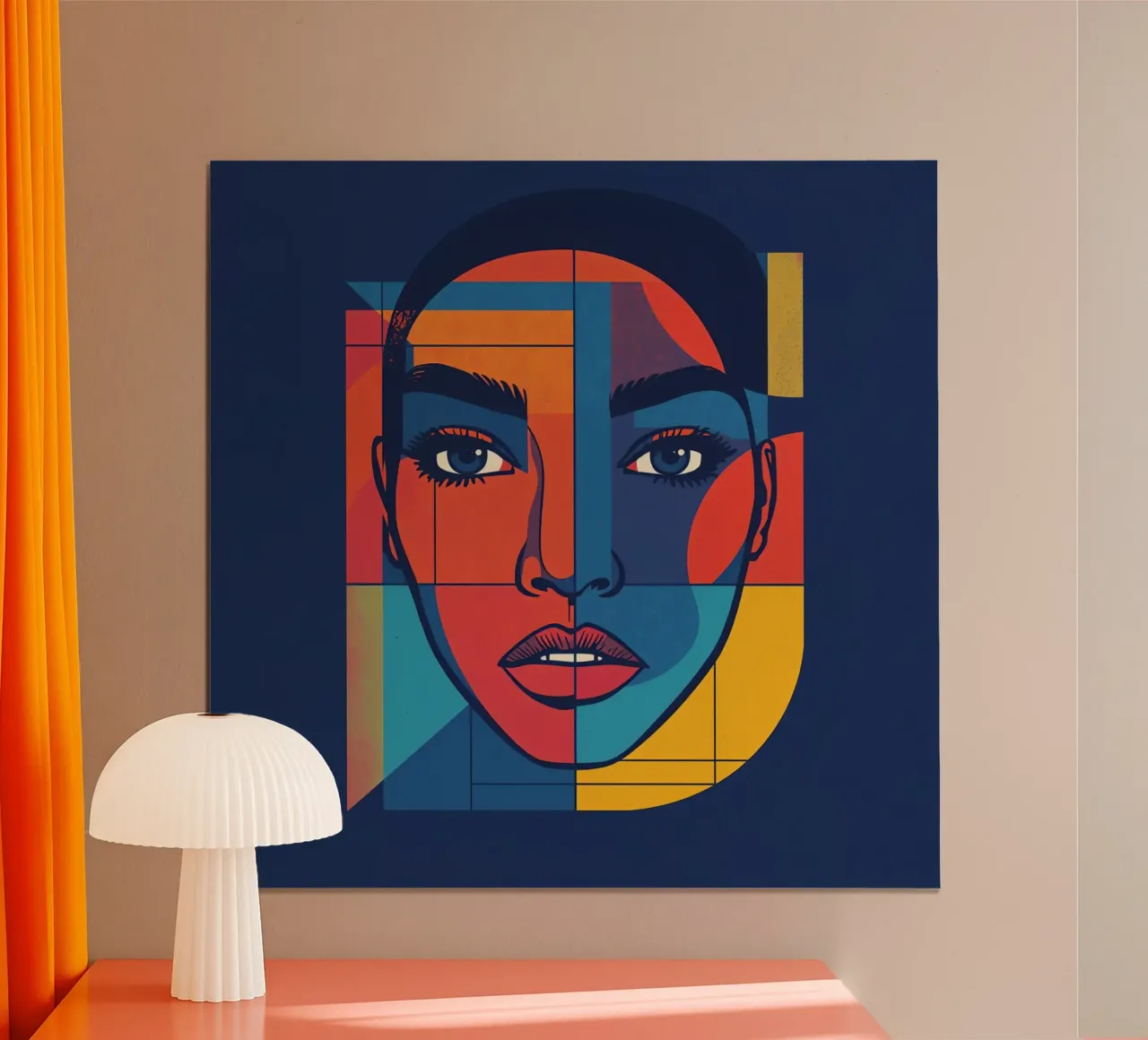 Abstraktes geometrisches Porträt einer Frau, blauer Hintergrund Poster mit Aluminium Rahmen von DesignDoodle