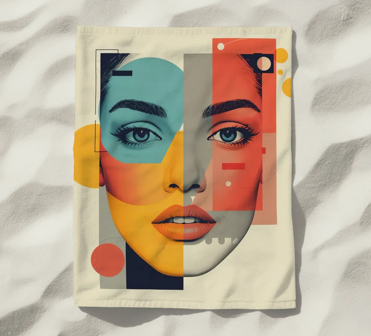 Abstract Geometric Portrait of Woman's Face with Shapes beach towel by DesignDoodle