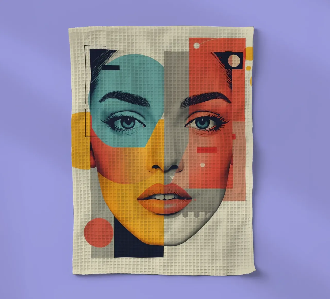 Abstract Geometric Portrait of Woman's Face with Shapes tea towel by DesignDoodle