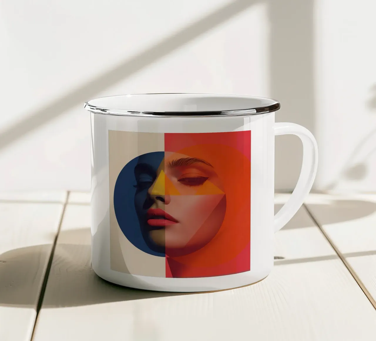 Ritratto geometrico astratto con volto e forme tazza in smalto da DesignDoodle