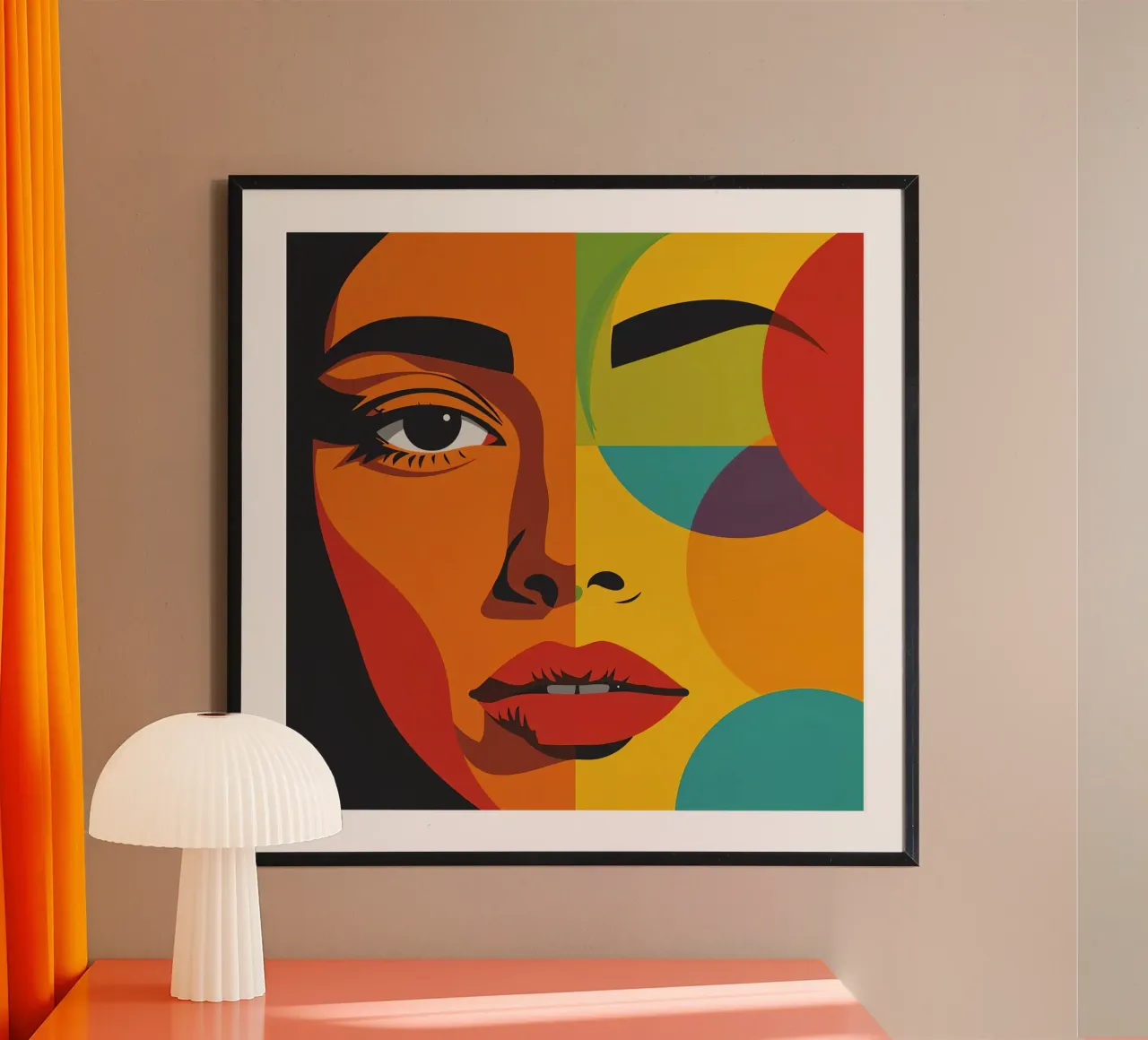Ritratto geometrico astratto di donna con rappresentazione di metà volto poster con telaio in alluminio da DesignDoodle