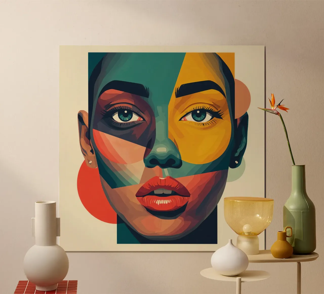 Ritratto astratto geometrico colorato di donna poster con telaio in legno da DesignDoodle