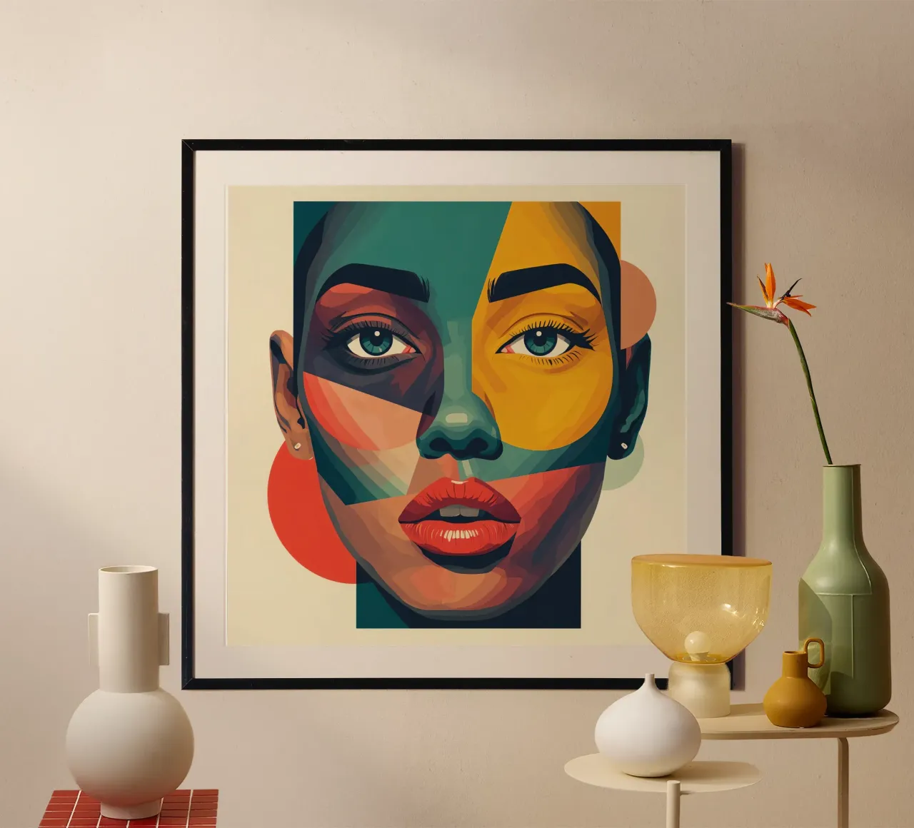 Ritratto astratto geometrico colorato di donna poster con telaio in legno da DesignDoodle