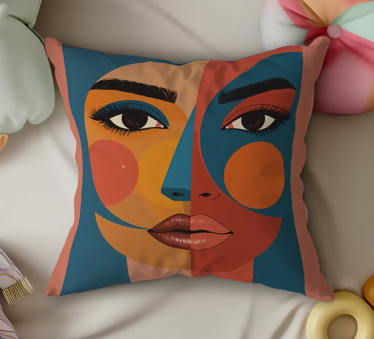 Ritratto astratto diviso da forme geometriche e colore cuscino da DesignDoodle