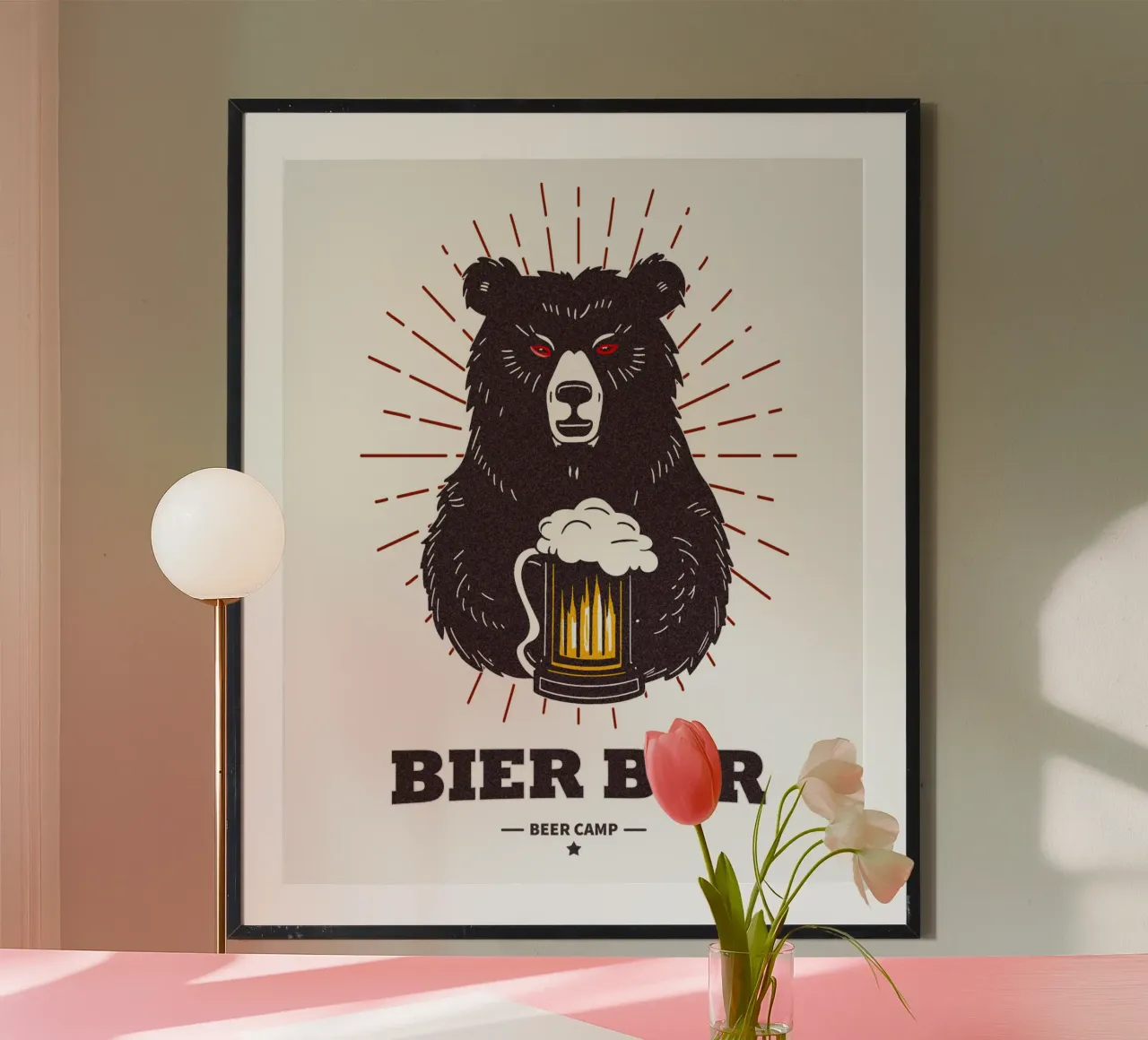 Orso della birra - Campo della birra poster con telaio in alluminio da Black Sign Artwork