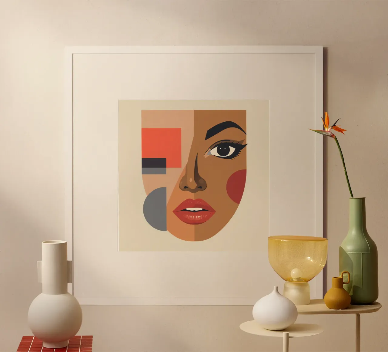 Abstract Portrait Geometric Shapes and a Woman's Face poster with wooden frame by DesignDoodle