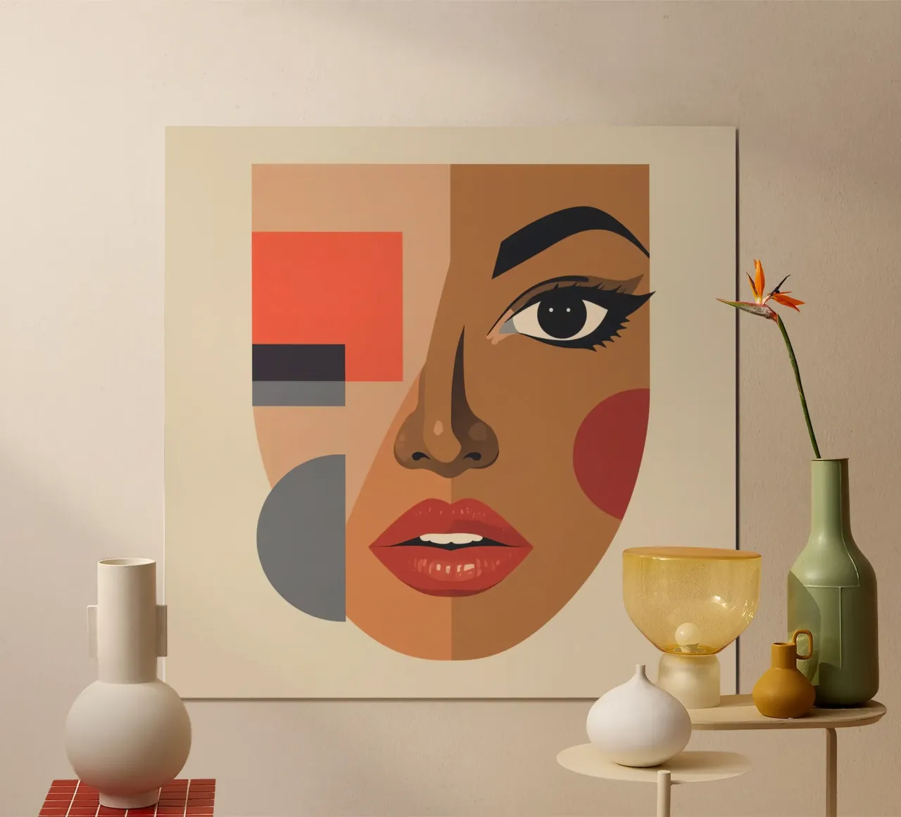 Abstract Portrait Geometric Shapes and a Woman's Face poster with wooden frame by DesignDoodle
