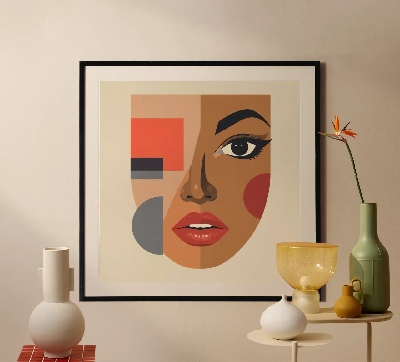 Abstract Portrait Geometric Shapes and a Woman's Face poster with wooden frame by DesignDoodle