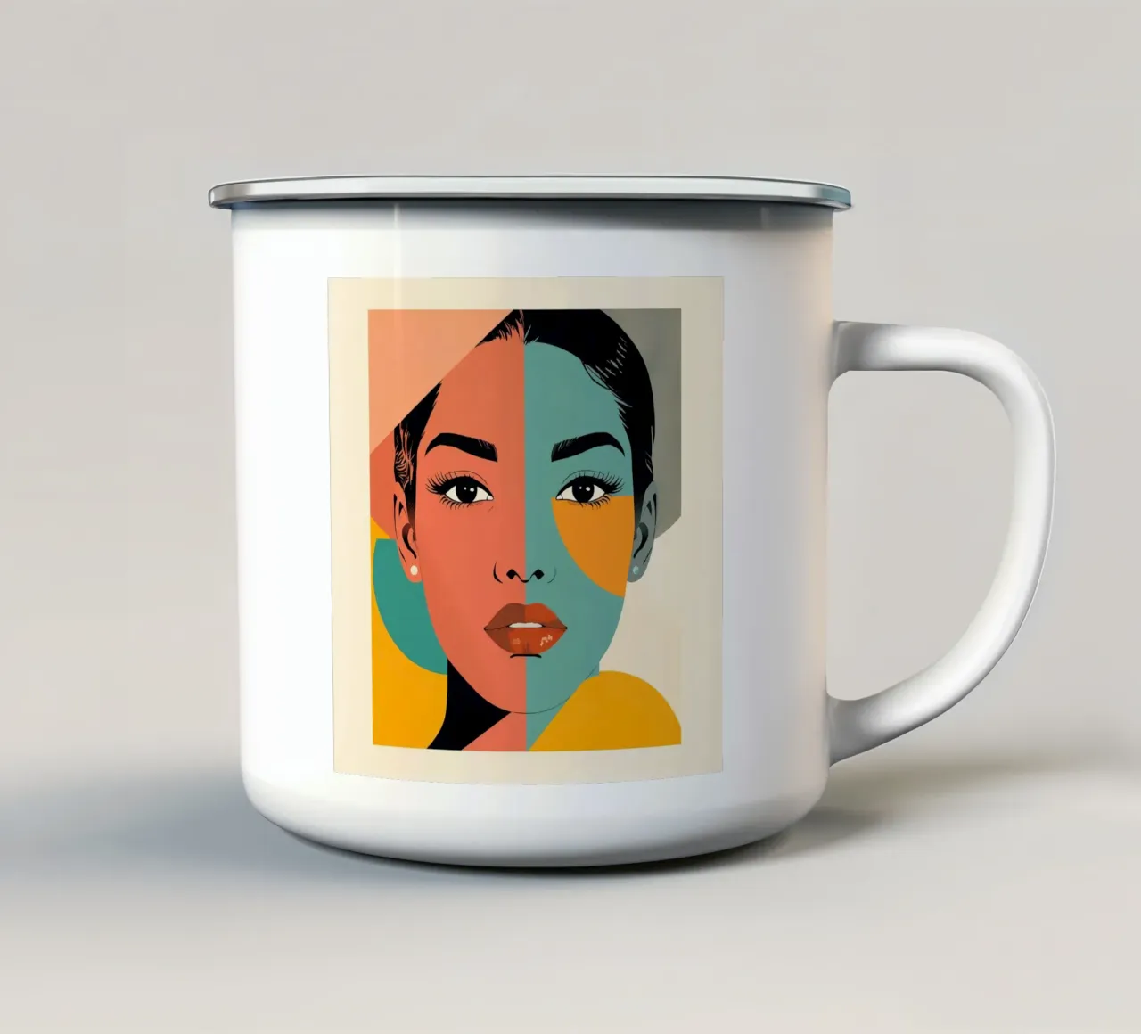 Ritratto astratto di donna con blocchi di colore geometrici tazza in smalto da DesignDoodle