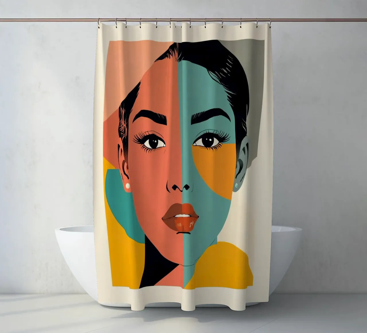Abstraktes Porträt einer Frau mit geometrischen Farbblöcken Duschvorhang von DesignDoodle