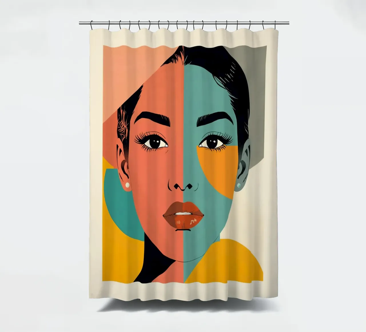 Abstraktes Porträt einer Frau mit geometrischen Farbblöcken Duschvorhang von DesignDoodle