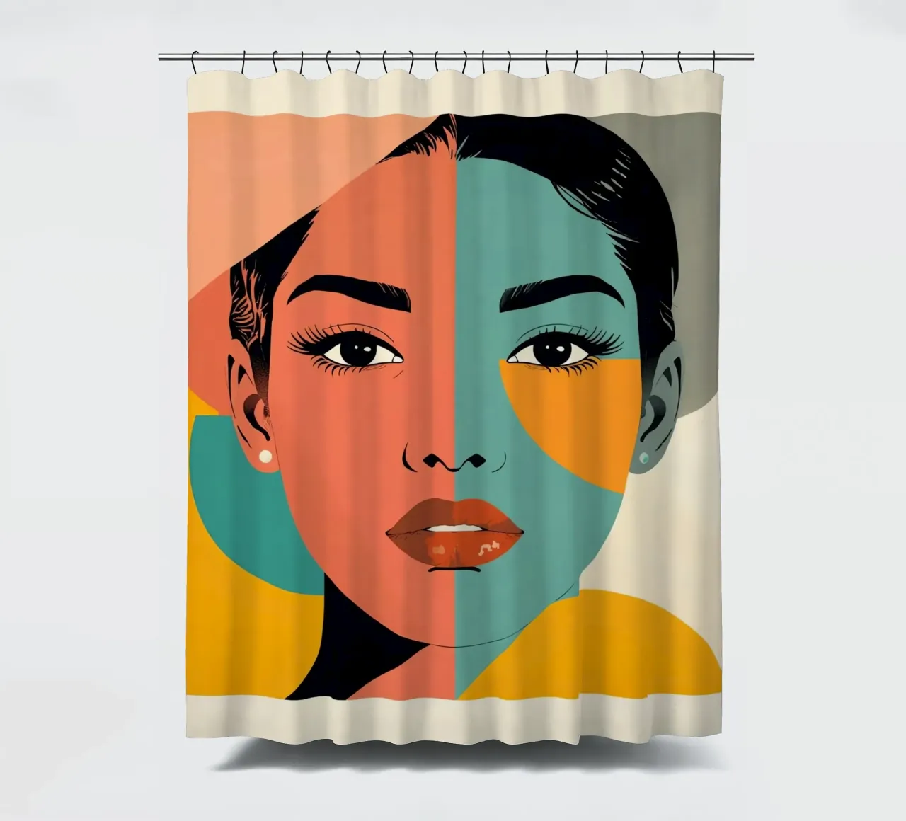 Abstraktes Porträt einer Frau mit geometrischen Farbblöcken Duschvorhang von DesignDoodle