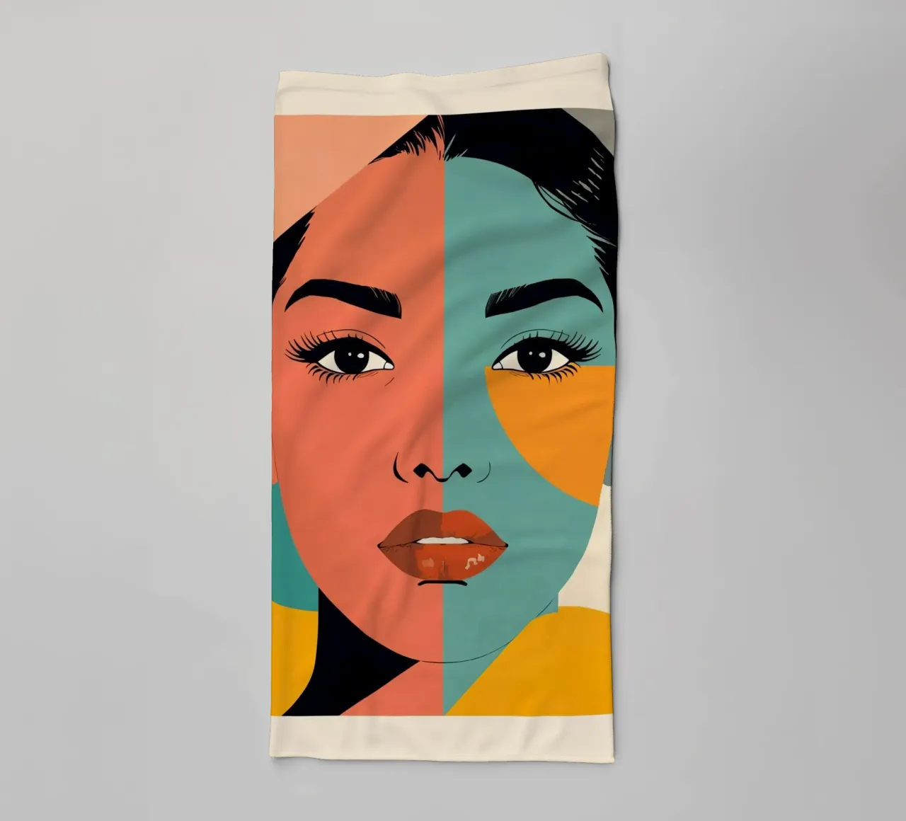 Abstract Portrait of a Woman with Geometric Color Blocks towel by DesignDoodle