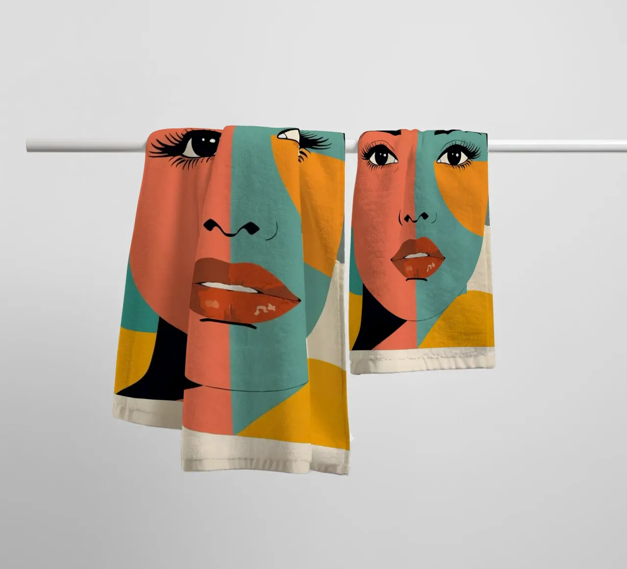 Abstract Portrait of a Woman with Geometric Color Blocks towel by DesignDoodle