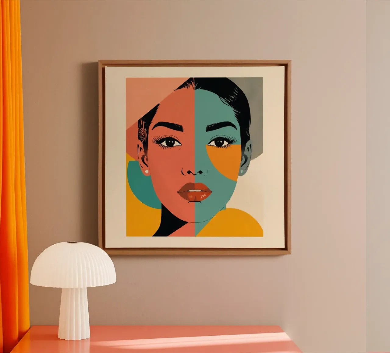 Abstract Portrait of a Woman with Geometric Color Blocks canvas with Floater frame by DesignDoodle