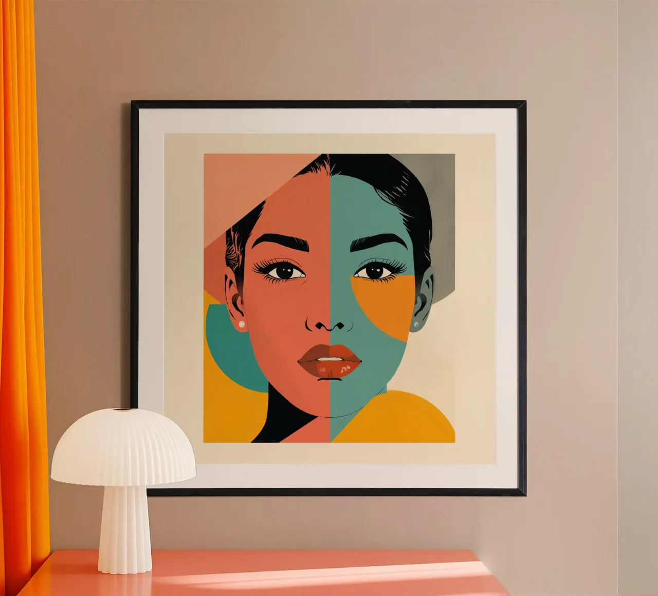 Ritratto astratto di donna con blocchi di colore geometrici poster con telaio in legno da DesignDoodle