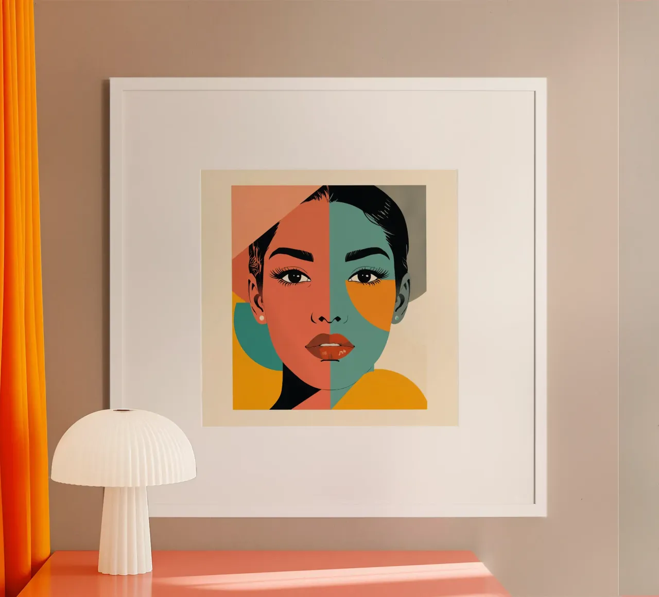 Ritratto astratto di donna con blocchi di colore geometrici poster con telaio in legno da DesignDoodle