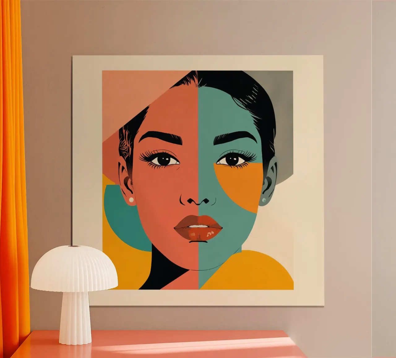 Ritratto astratto di donna con blocchi di colore geometrici poster con telaio in legno da DesignDoodle