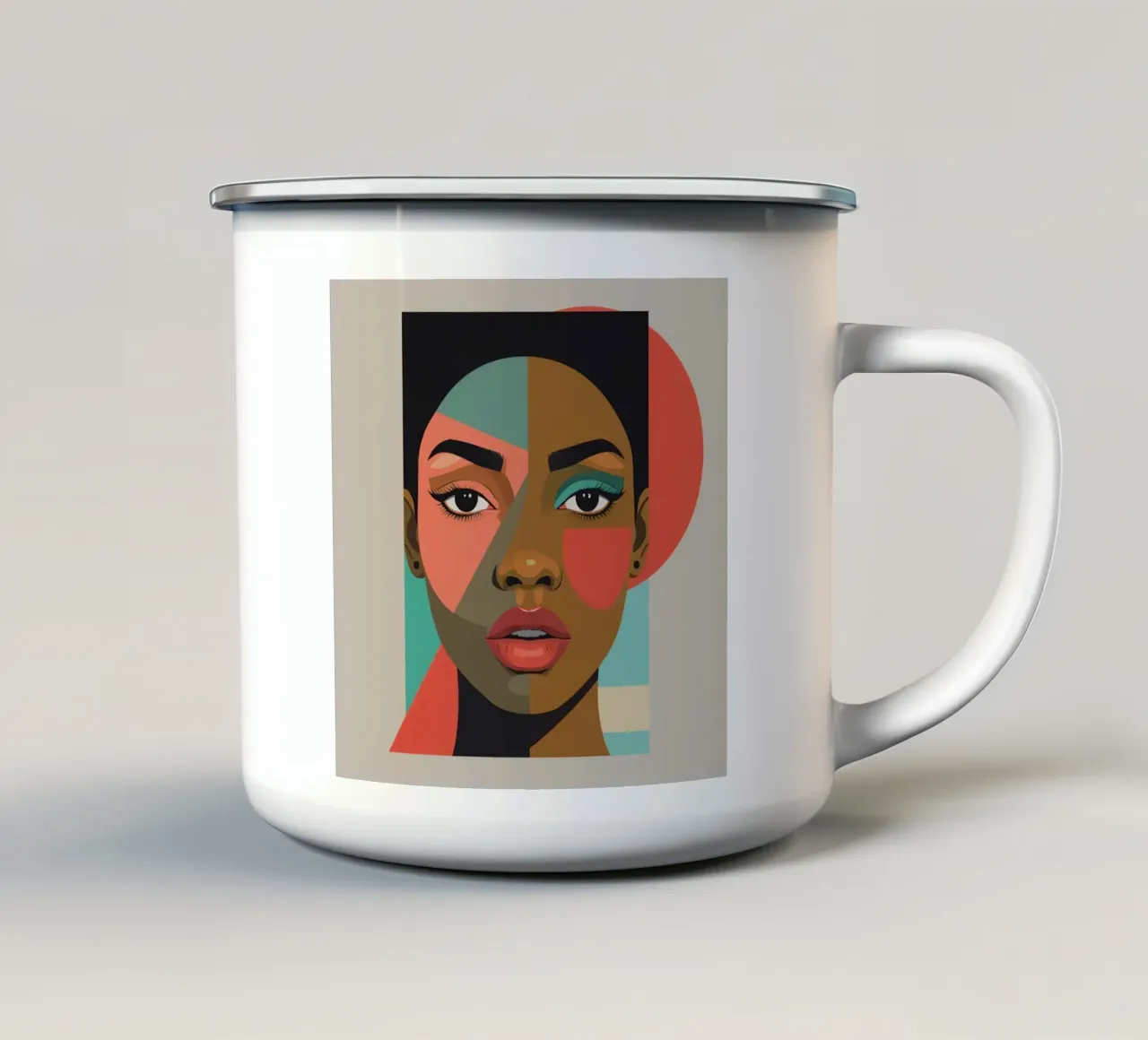 Ritratto astratto di donna con forme geometriche tazza in smalto da DesignDoodle