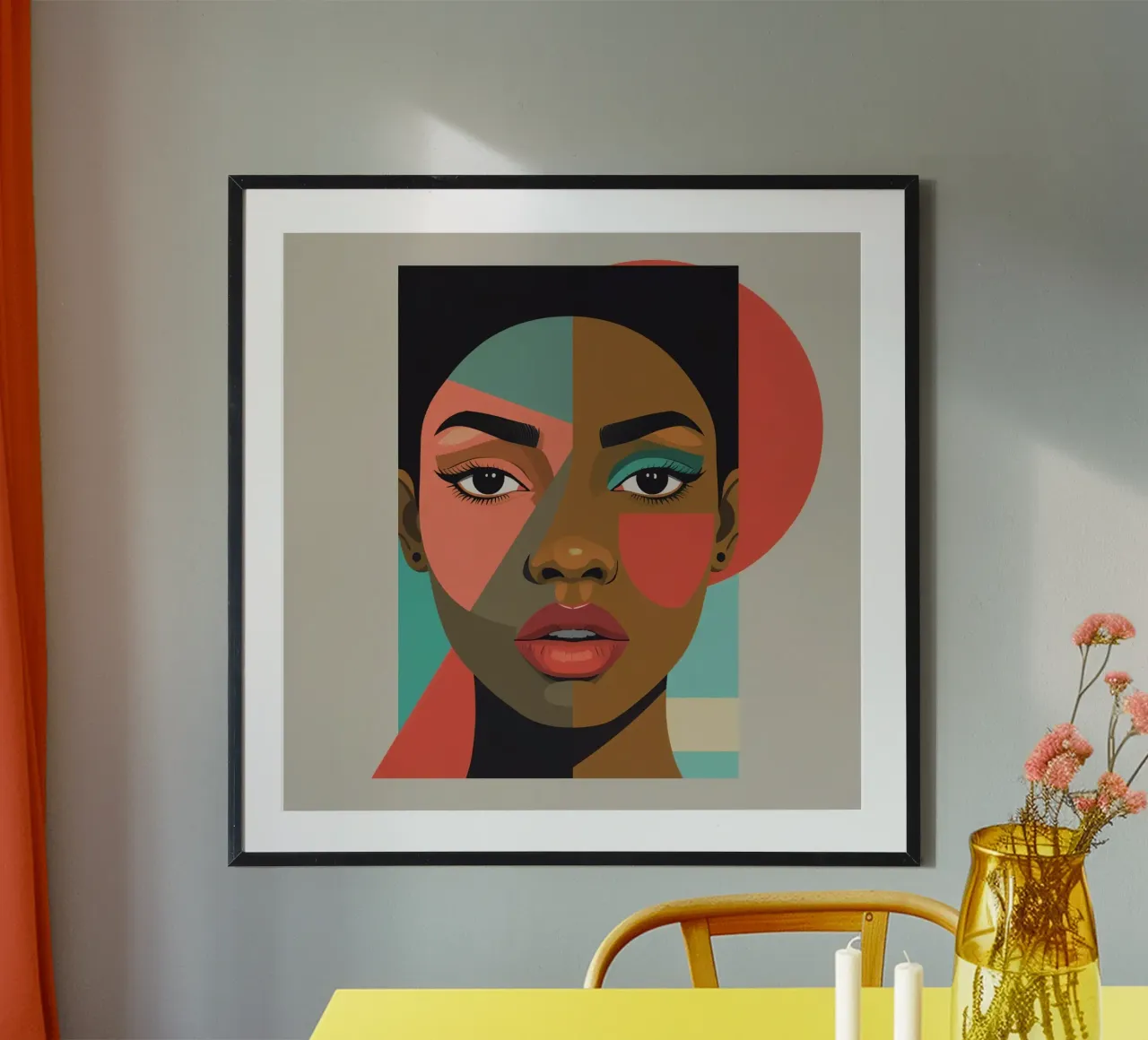 Abstraktes Porträt einer Frau mit geometrischen Formen Poster mit Holzrahmen von DesignDoodle