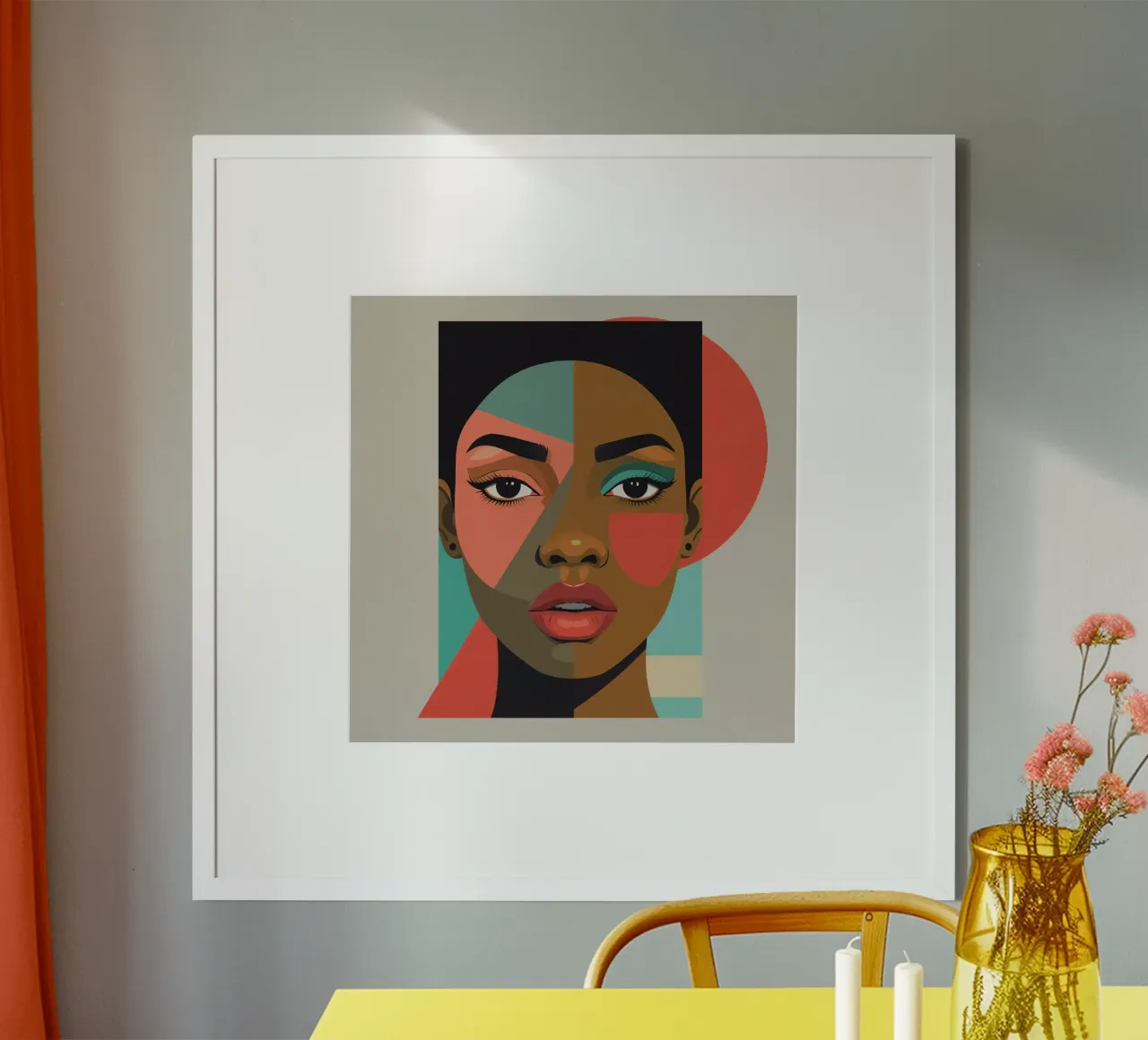 Abstraktes Porträt einer Frau mit geometrischen Formen Poster mit Holzrahmen von DesignDoodle