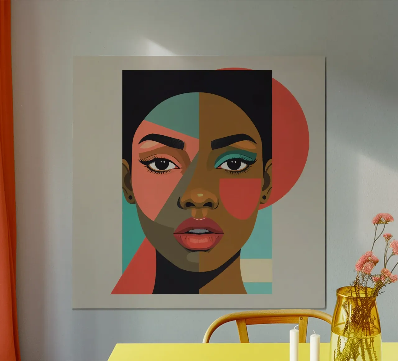 Abstraktes Porträt einer Frau mit geometrischen Formen Poster mit Holzrahmen von DesignDoodle