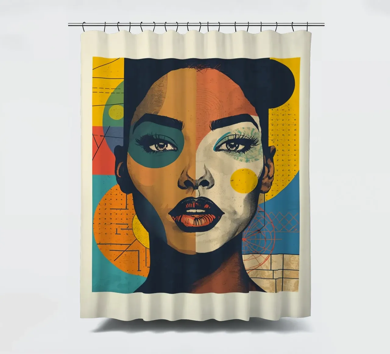 Abstraktes Porträt einer Frau mit geometrischem Hintergrund Duschvorhang von DesignDoodle