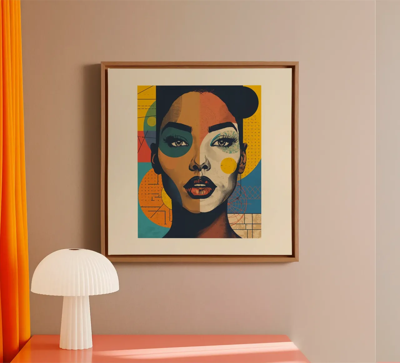 Abstraktes Porträt einer Frau mit geometrischem Hintergrund Leinwand mit Schattenfugenrahmen von DesignDoodle