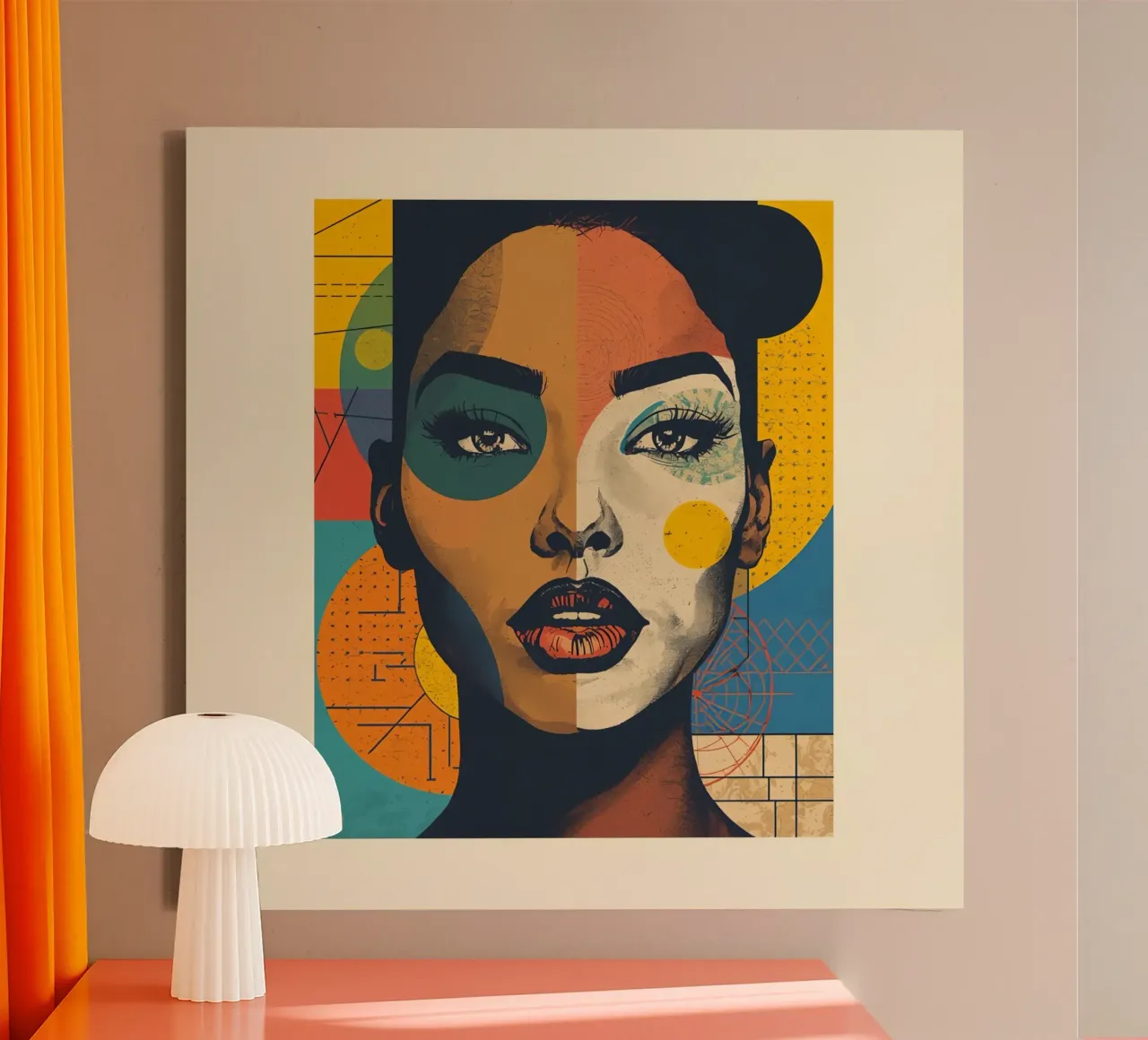 Abstraktes Porträt einer Frau mit geometrischem Hintergrund Leinwand mit Schattenfugenrahmen von DesignDoodle