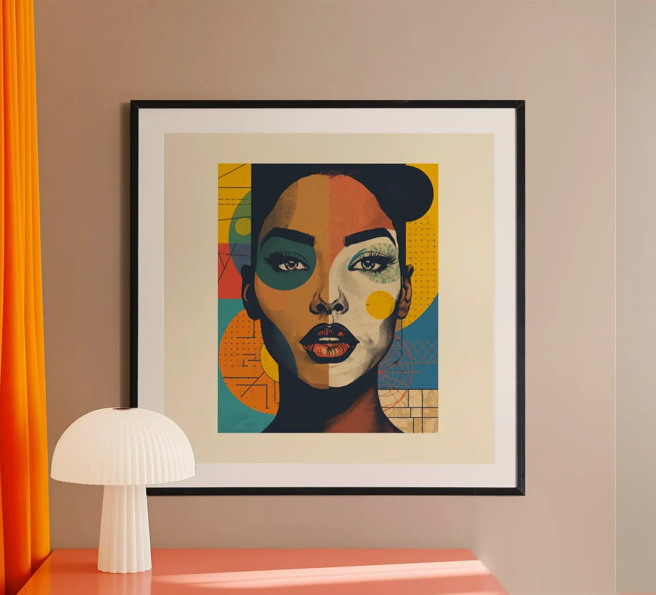 Abstraktes Porträt einer Frau mit geometrischem Hintergrund Poster mit Holzrahmen von DesignDoodle