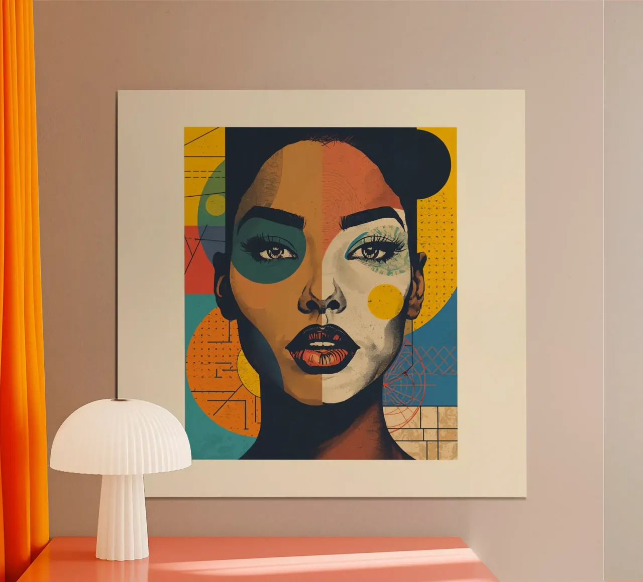Abstraktes Porträt einer Frau mit geometrischem Hintergrund Poster mit Holzrahmen von DesignDoodle