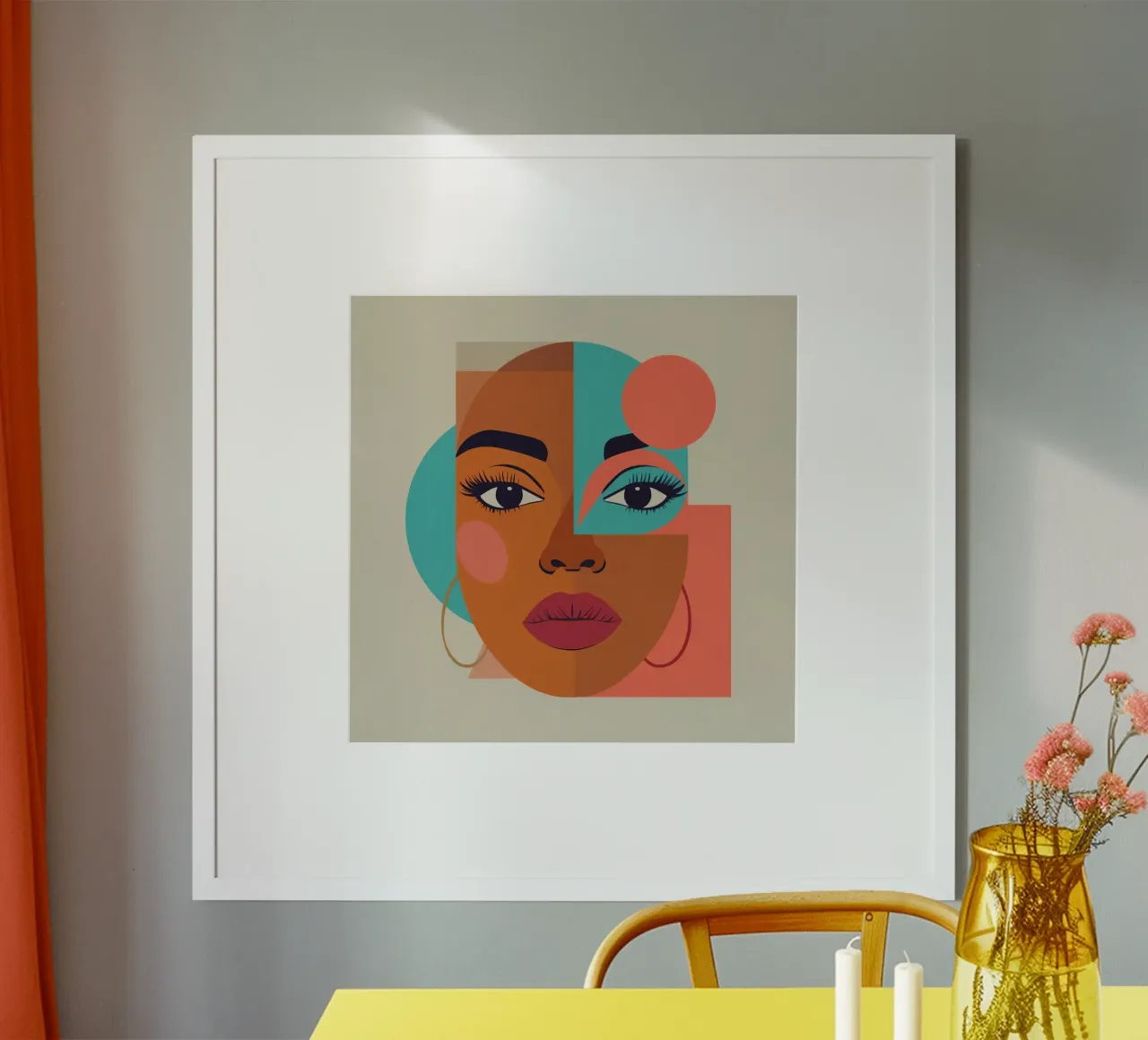 Portrait abstrait d'une femme avec des formes géométriques et chaudes poster avec cadre en bois de DesignDoodle
