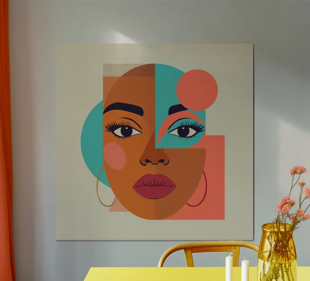 Portrait abstrait d'une femme avec des formes géométriques et chaudes poster avec cadre en bois de DesignDoodle