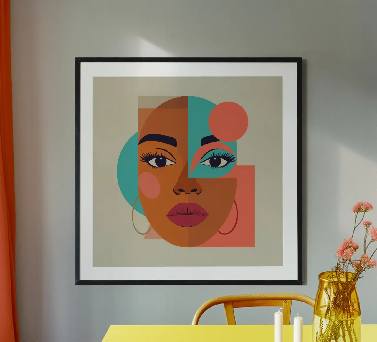 Portrait abstrait d'une femme avec des formes géométriques et chaudes poster avec cadre en bois de DesignDoodle