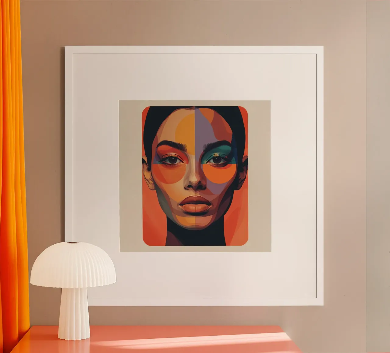 Retrato abstracto moderno de mujer con formas geométricas poster con marco de madera de DesignDoodle