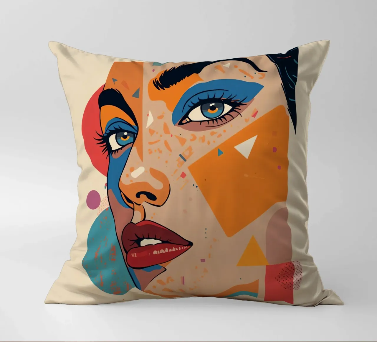 Ritratto astratto con forme geometriche e colori vivaci cuscino da DesignDoodle