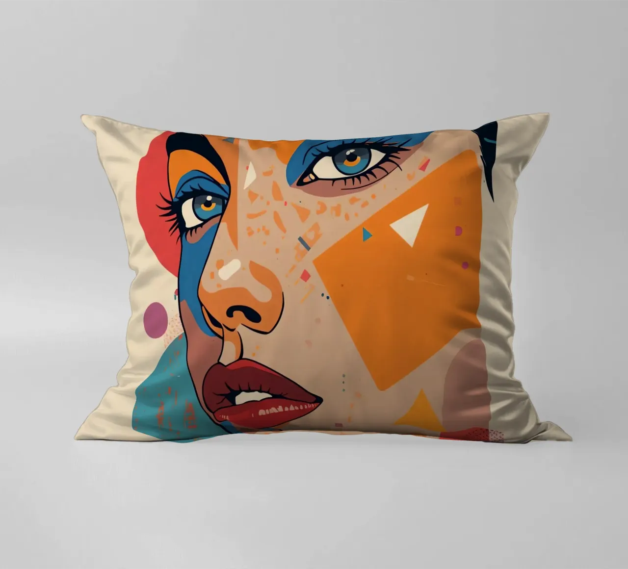 Ritratto astratto con forme geometriche e colori vivaci cuscino da DesignDoodle