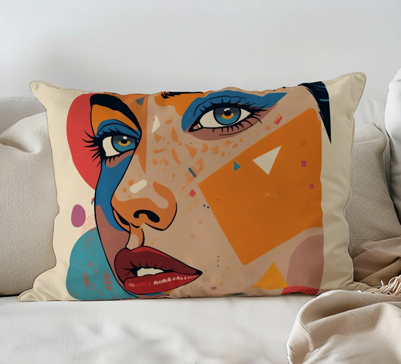 Ritratto astratto con forme geometriche e colori vivaci cuscino da DesignDoodle