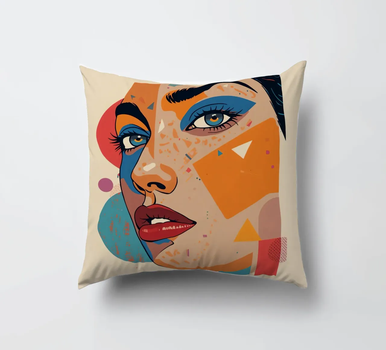 Ritratto astratto con forme geometriche e colori vivaci cuscino da DesignDoodle
