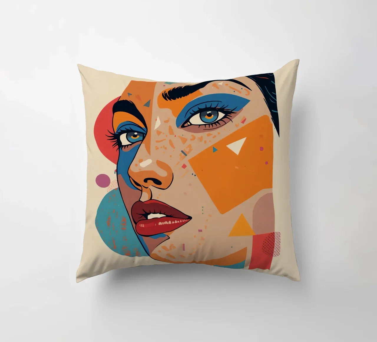 Ritratto astratto con forme geometriche e colori vivaci cuscino da DesignDoodle
