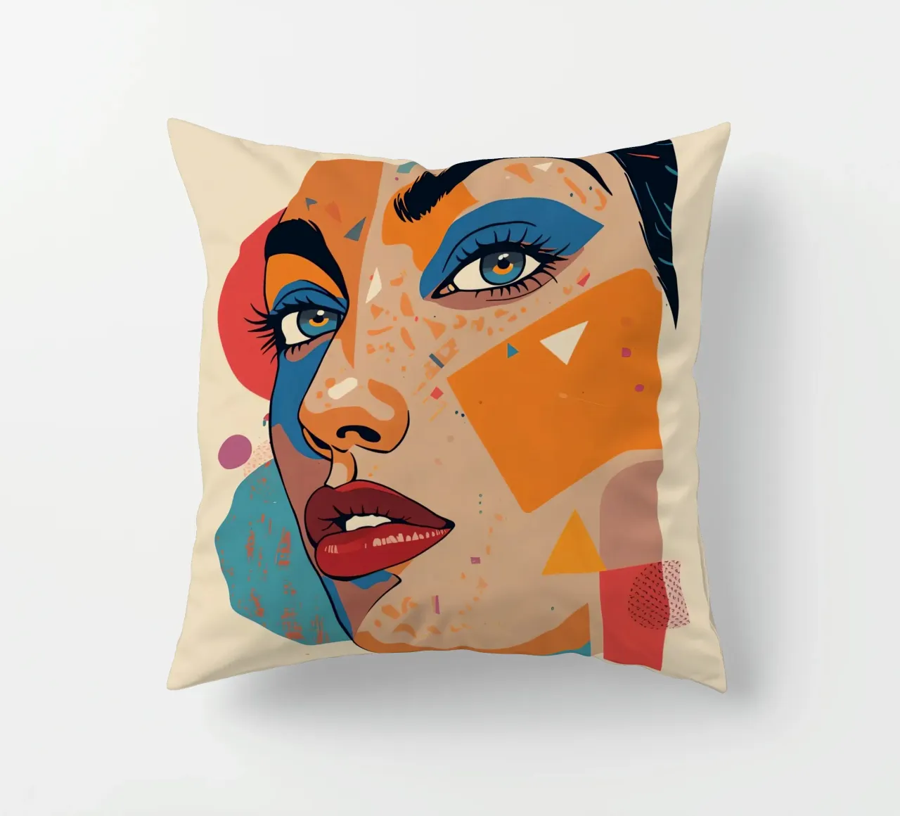 Ritratto astratto con forme geometriche e colori vivaci cuscino da DesignDoodle