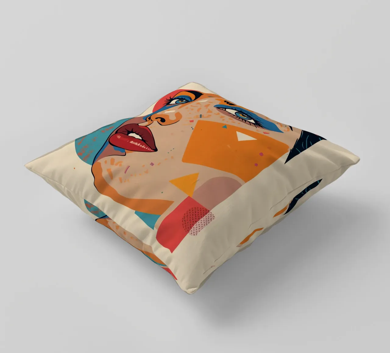 Ritratto astratto con forme geometriche e colori vivaci cuscino da DesignDoodle