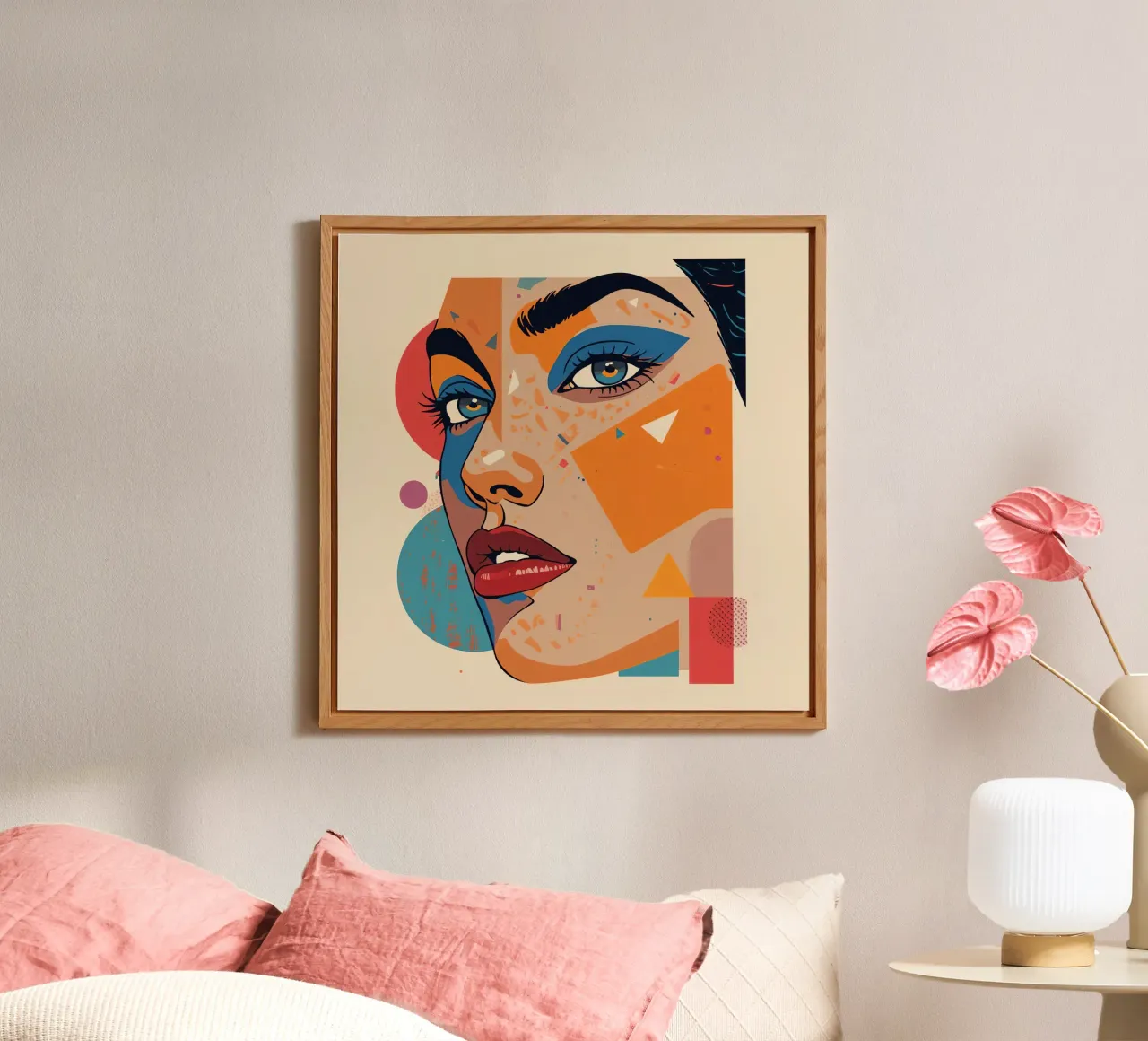 Ritratto astratto con forme geometriche e colori vivaci alluminio dibond da DesignDoodle
