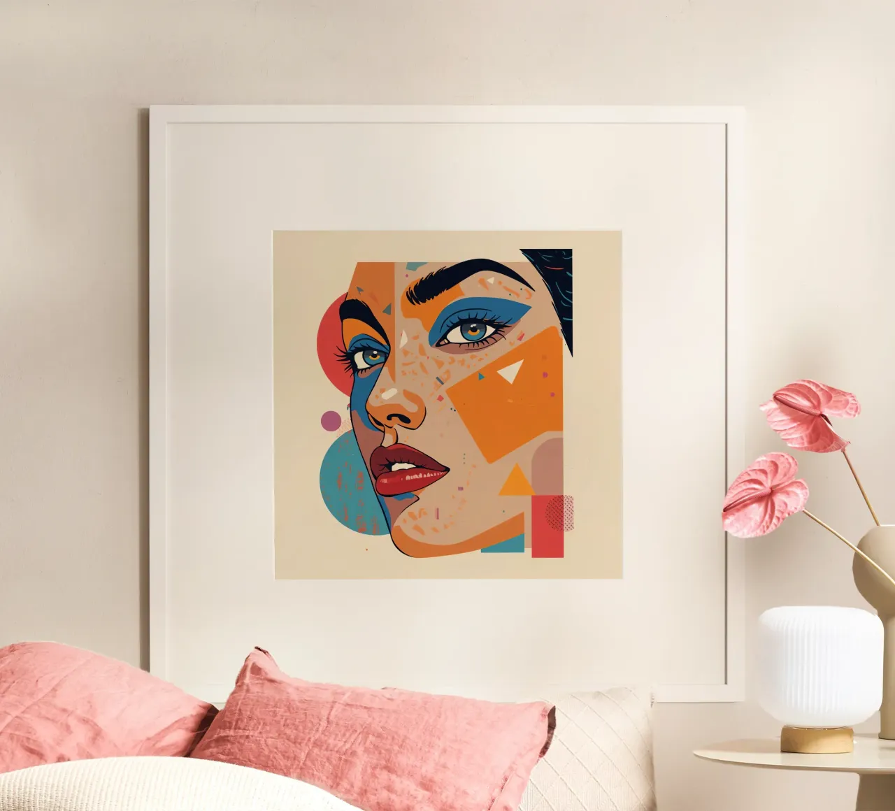 Portrait abstrait avec formes géométriques et couleurs vives poster de DesignDoodle