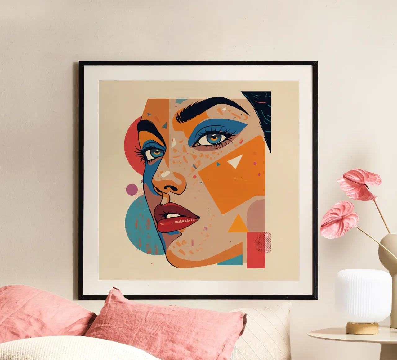 Portrait abstrait avec formes géométriques et couleurs vives poster de DesignDoodle