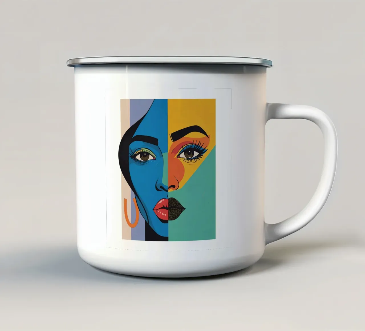 Ritratto astratto Volto di donna diviso a colori tazza in smalto da DesignDoodle