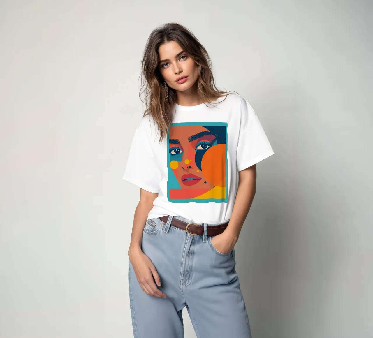 Ritratto astratto di donna con forme geometriche e colore piatto t-shirt da DesignDoodle