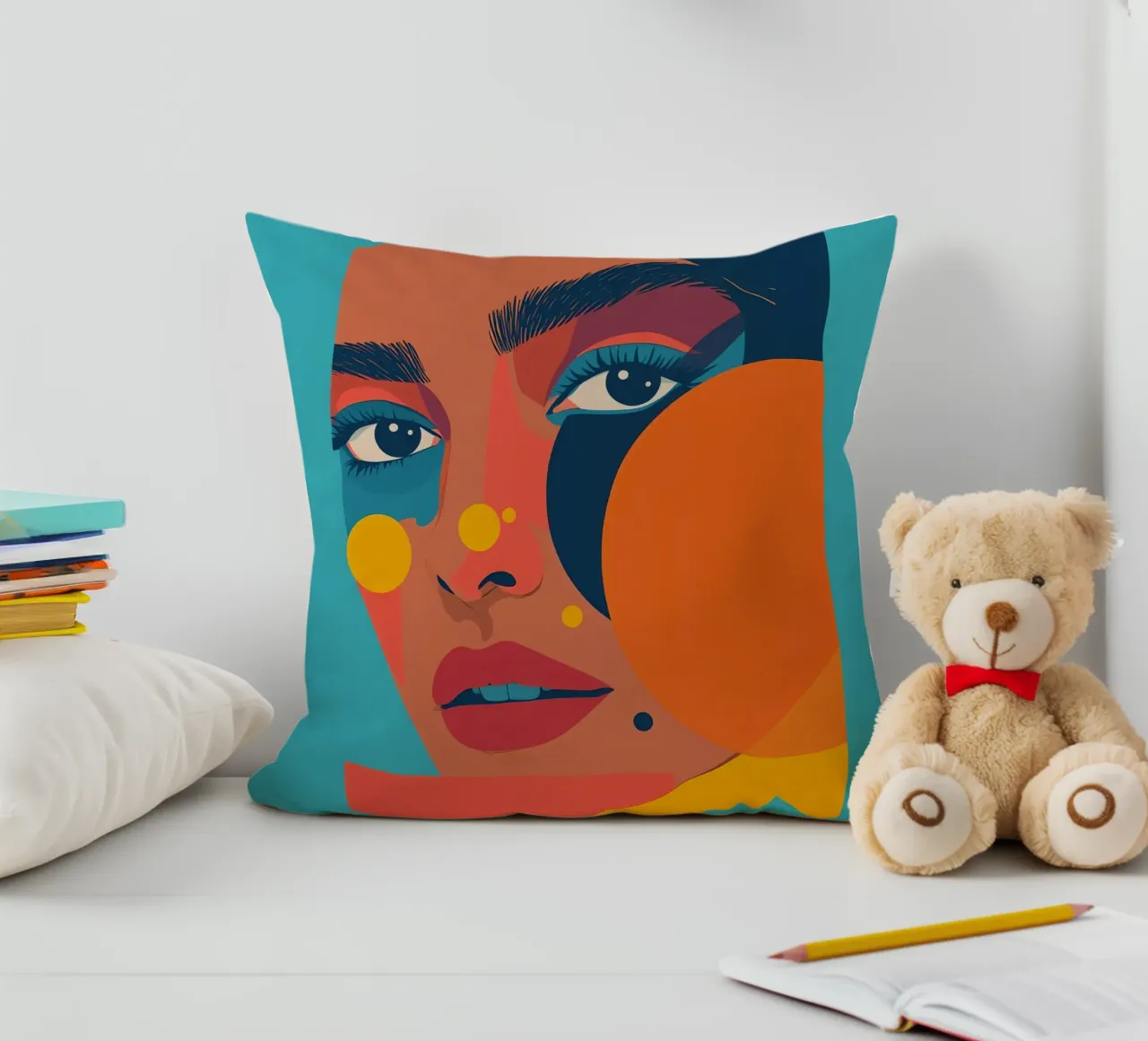Ritratto astratto di donna con forme geometriche e colore piatto cuscino da DesignDoodle