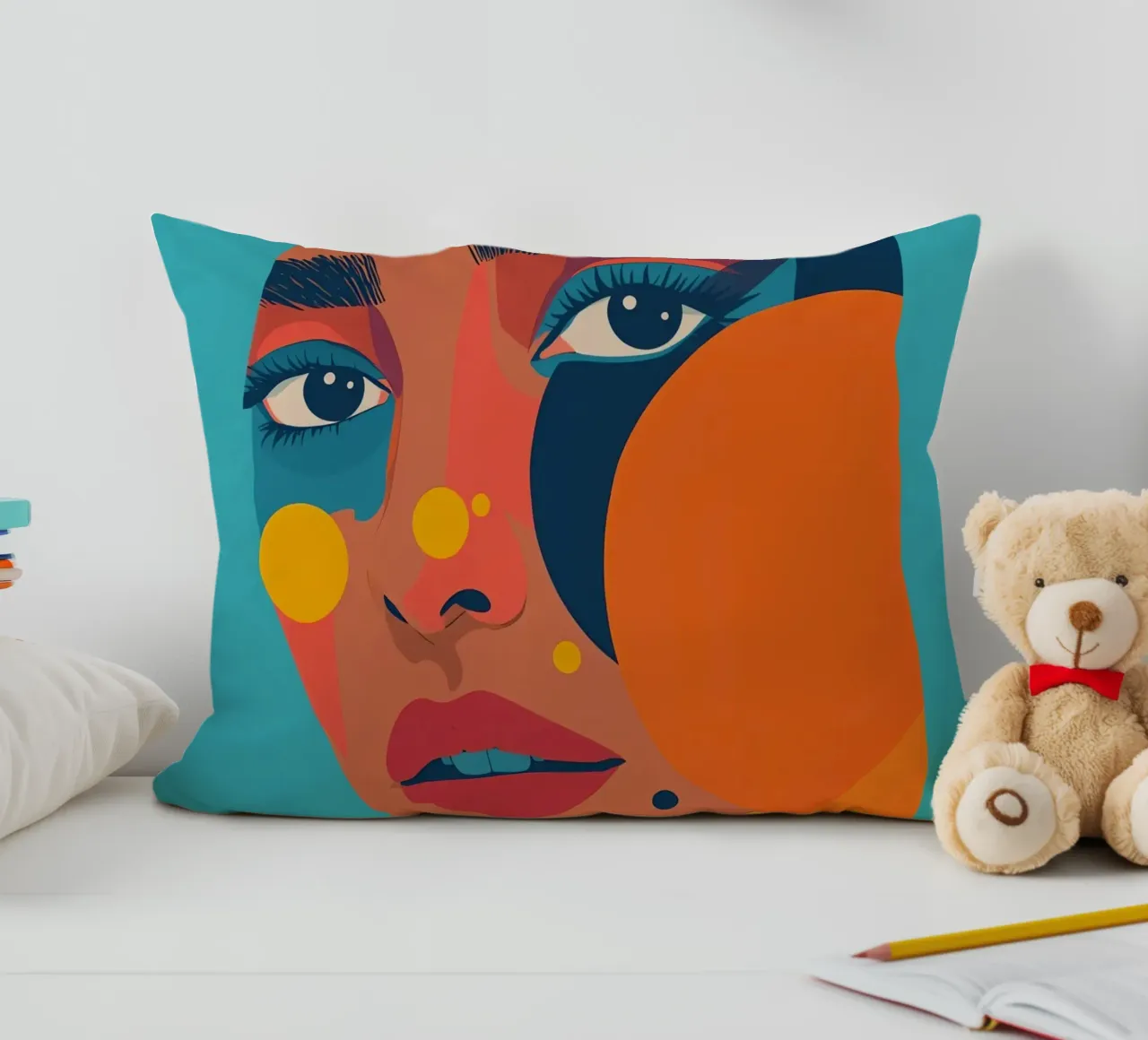 Ritratto astratto di donna con forme geometriche e colore piatto cuscino da DesignDoodle